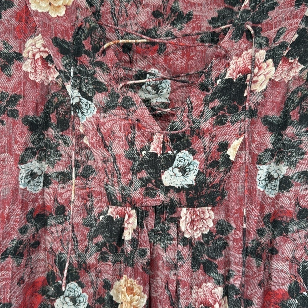 Peruvianan Connection Red Black Floral Lace Up Babydoll Dress Long Sleeve Small - Picture 4 of 8